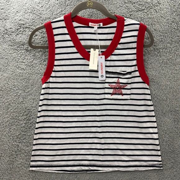 Anthropologie Sundrey NWT XS Optic White With Navy Stripe Tank Star Pocket Red - Picture 2 of 9